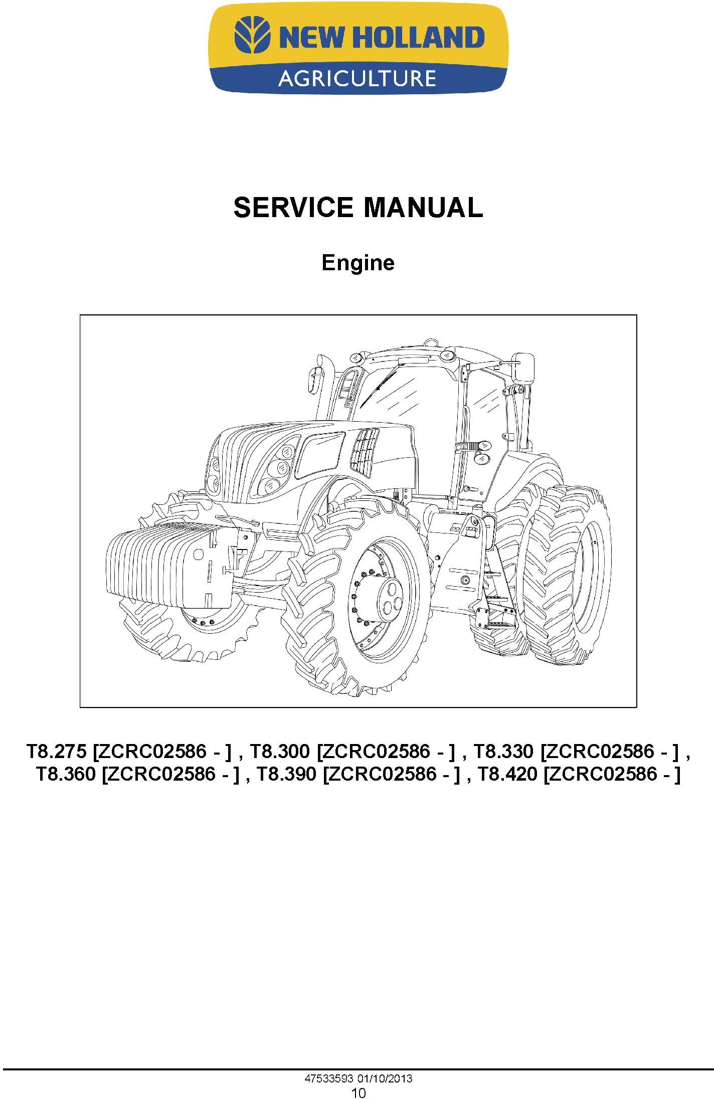 New Holland T8.275, T8.300, T8.330, T8.360, T8.390, T8.420 Tractor w.CVT Transmission Service Manual - 1