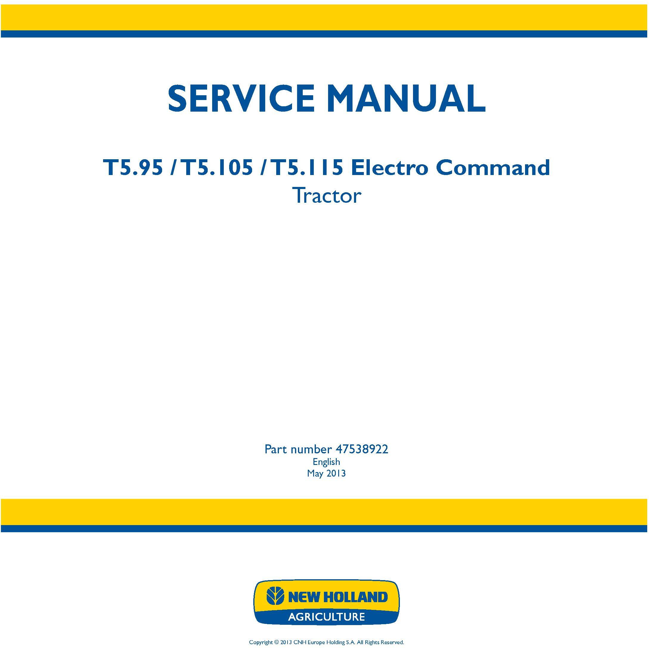 New Holland T5.95, T5.105, T5.115 Electro Command Tractor Service Manual
