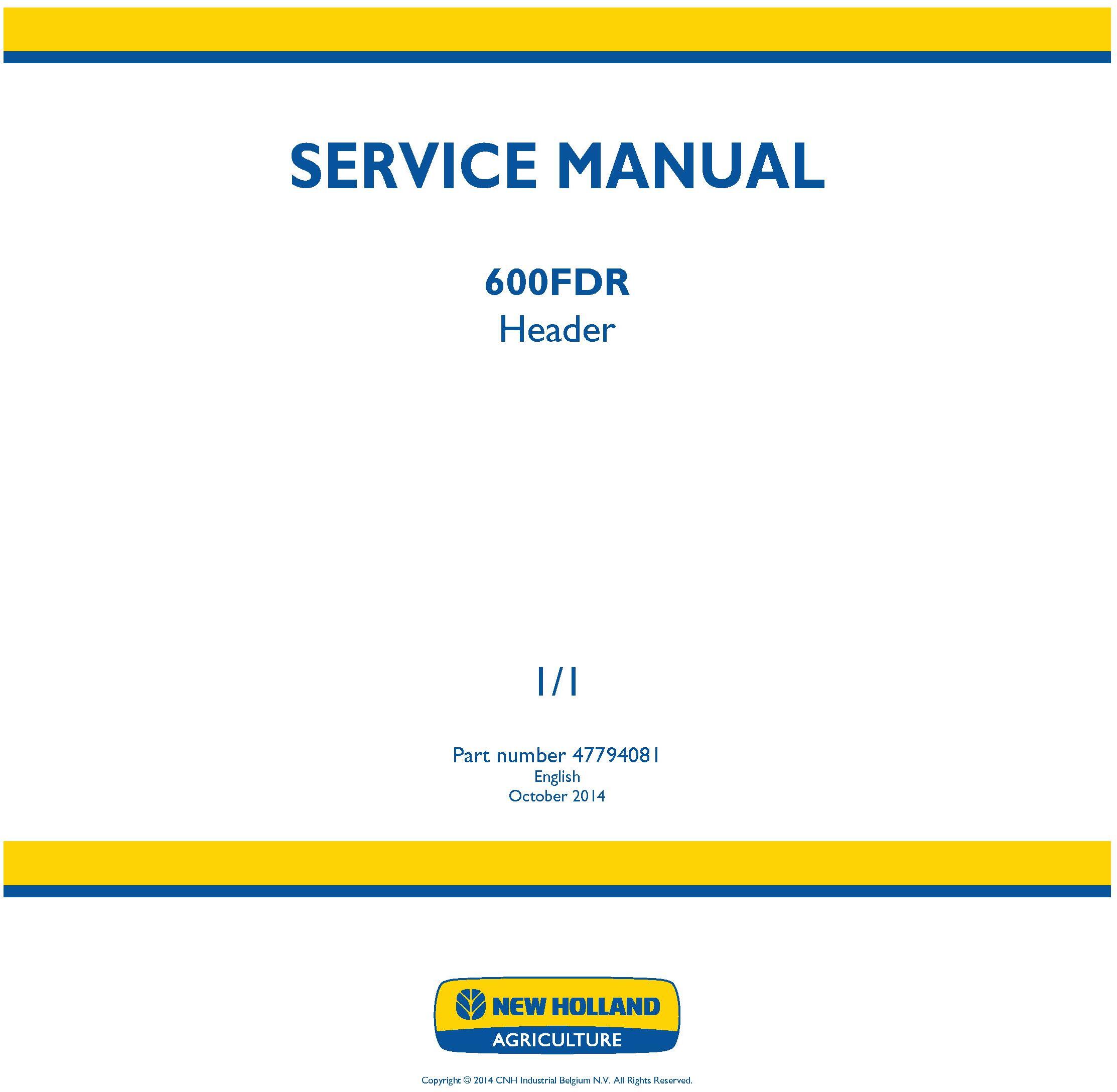 New Holland 600FDR Header (PIN from 6001) Service Manual - 20040
