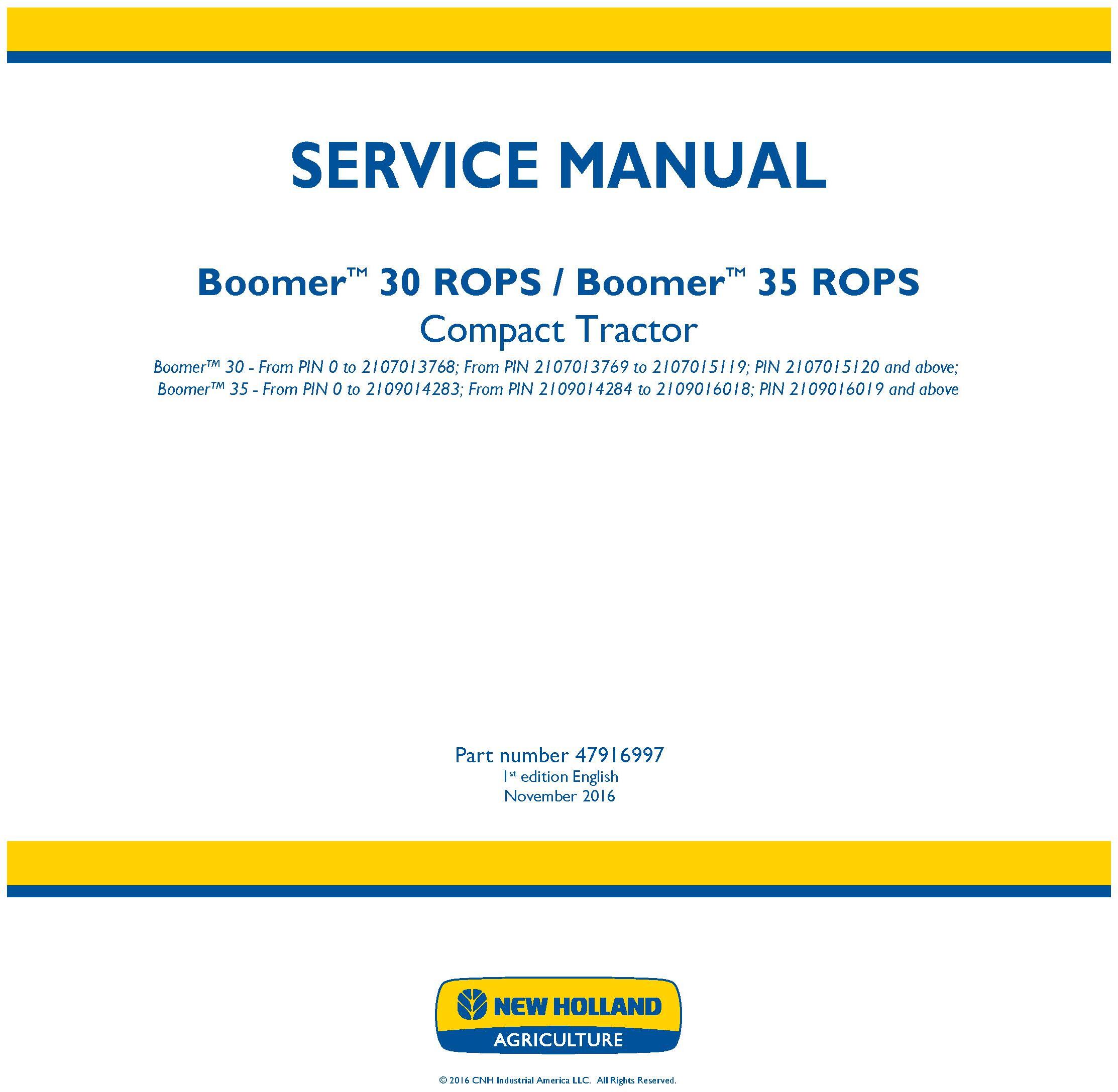 New Holland Boomer 30 ROPS, Boomer 35 ROPS Compact Tractor Service Manual (Europe) - 19451