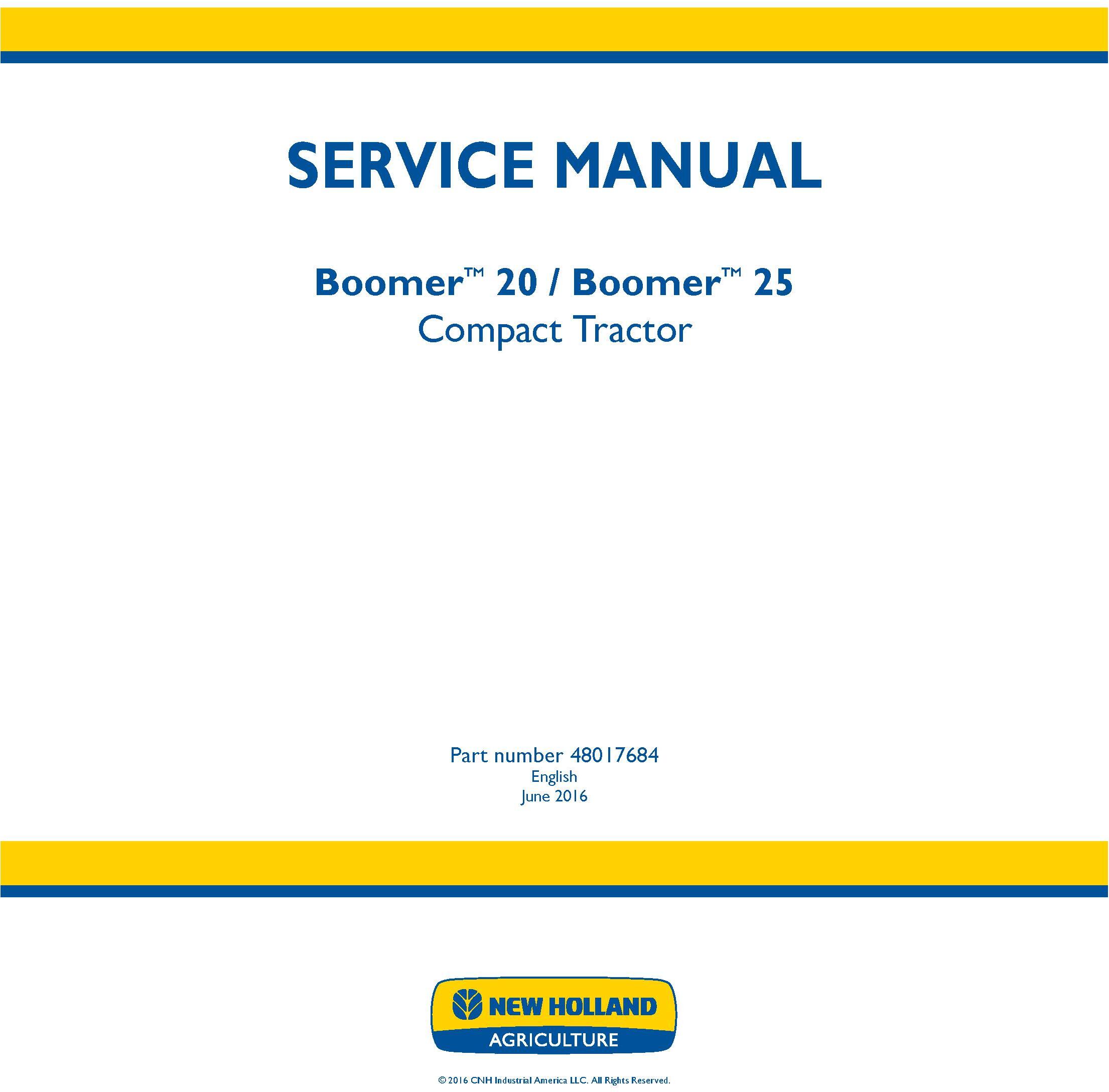 New Holland Boomer 20, Boomer 25 Compact Tractor Service Manual (Europe) - 19481