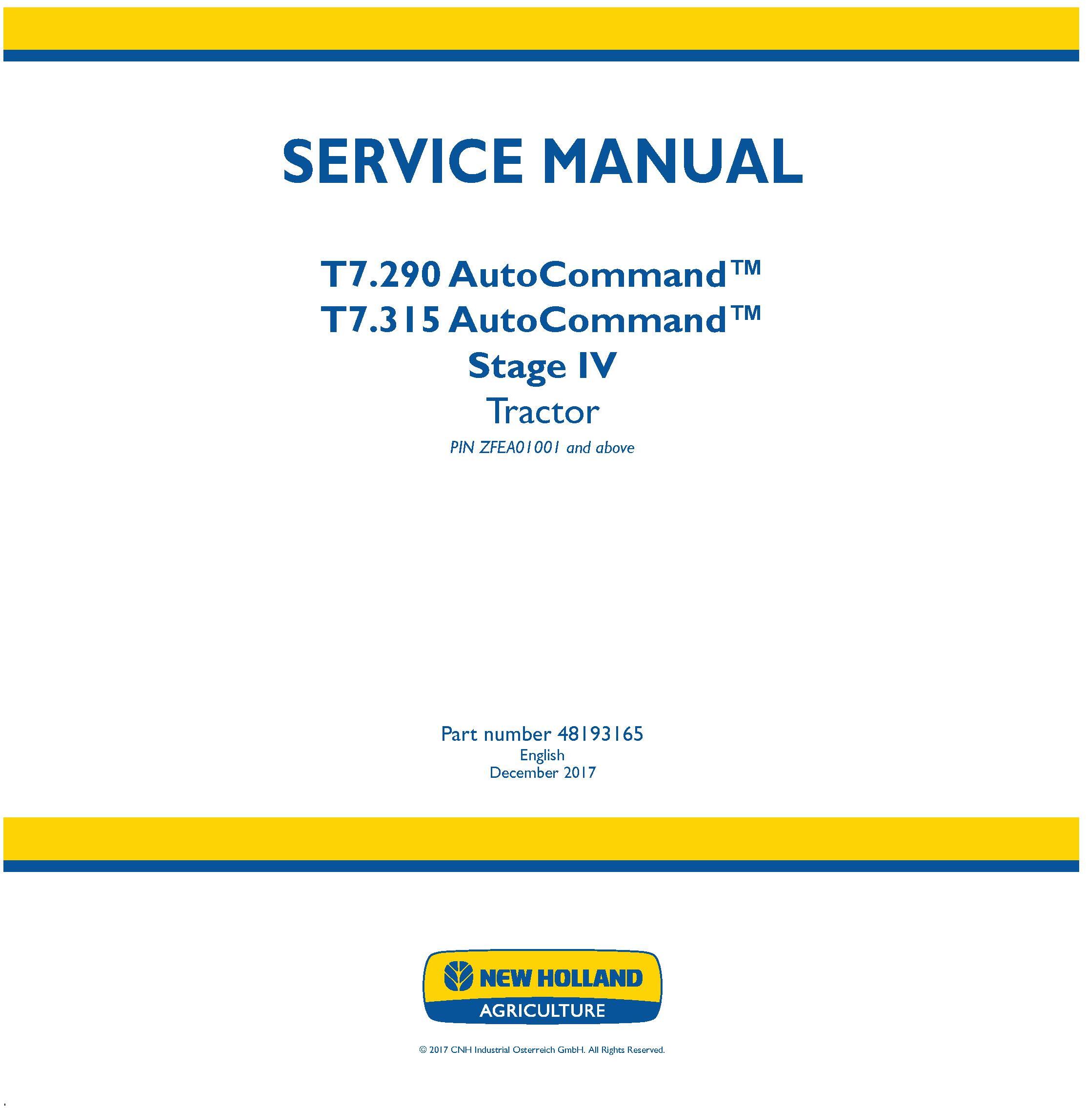 New Holland T7.290 AutoCommand, T7.315 AutoCommand Stage IV Tractor Service Manual (Europe) - 19502