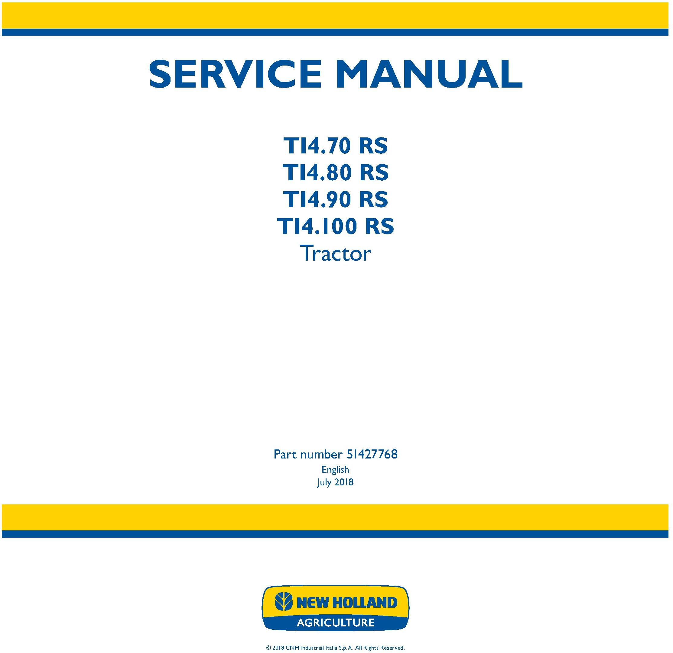 New Holland TI4.70 RS, TI4.80 RS, TI4.90 RS, TI4.100 RS Tractor Service Manual - 19509