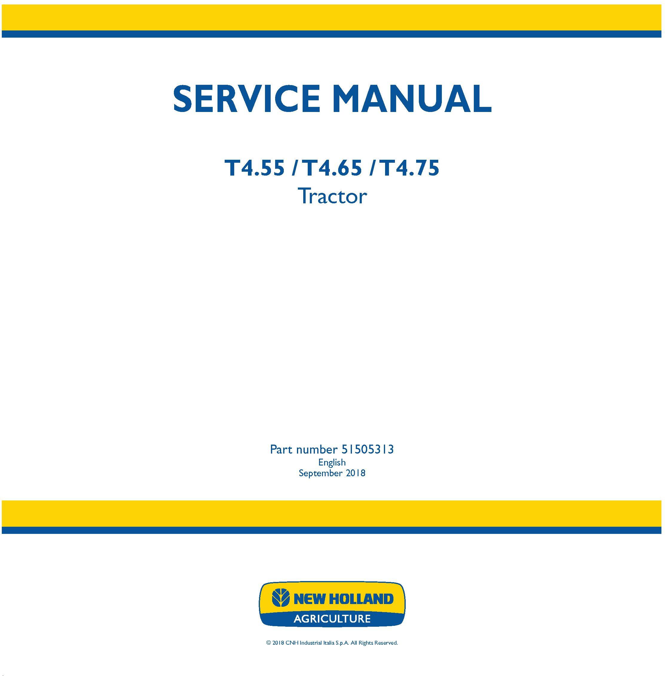 New Holland T4.55, T4.65, T4.75 Tier 4B final Stage IV Tractor Service Manual - 19518