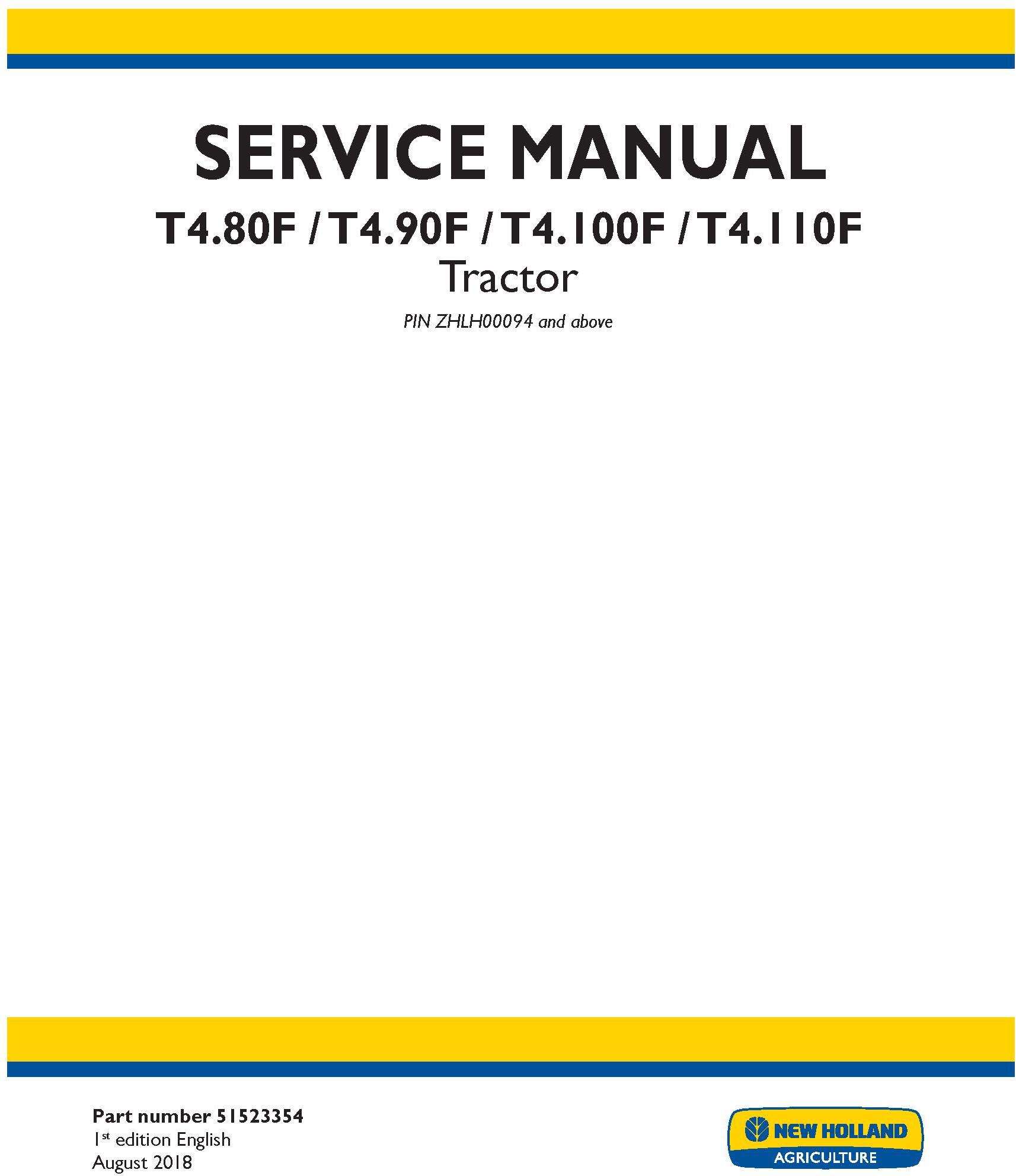 New Holland T4.80F, T4.90F, T4.100F, T4.110F Tractor Service Manual (Australia, NZ, Latin Amereca) - 19521