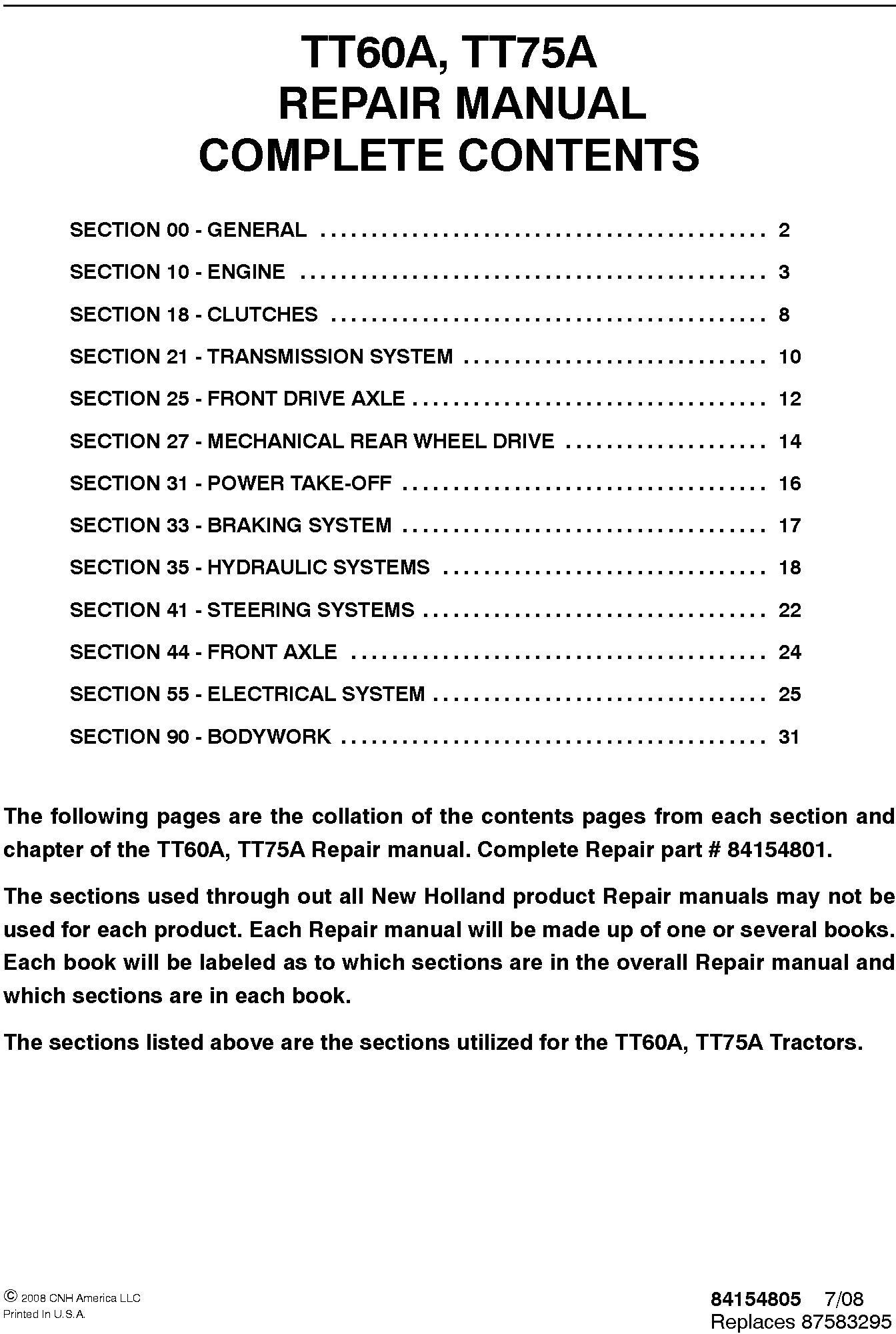 New Holland TT60A, TT75A Tractors Service Manual - 19550