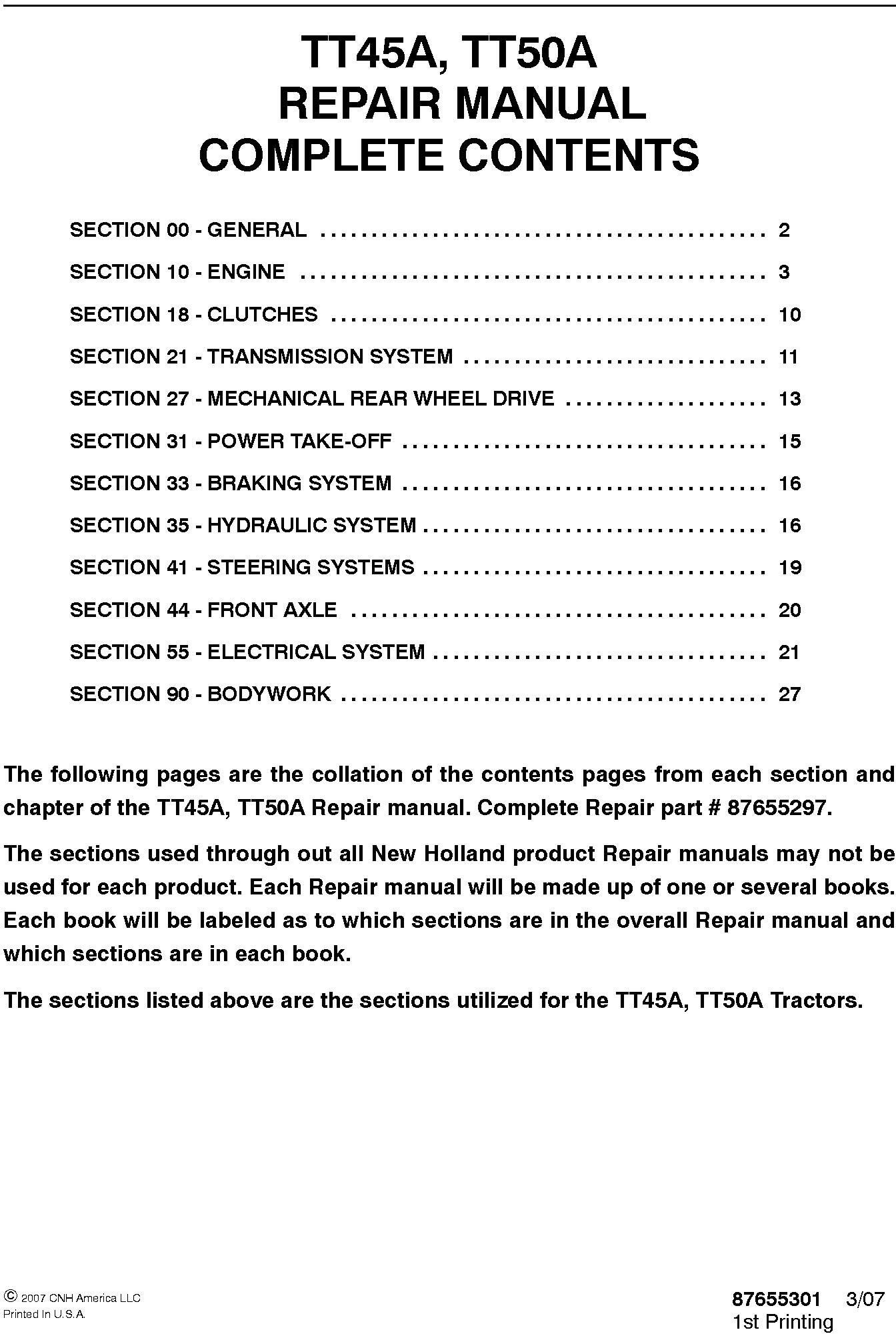 New Holland TT45A, TT50A Tractor Complete Service Manual - 19626