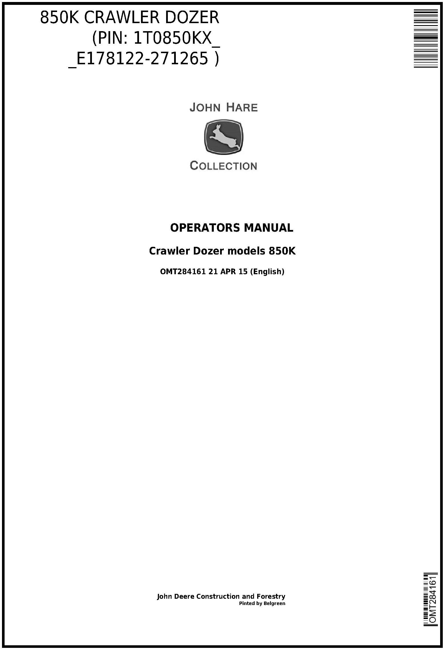 OMT284161 - John Deere 850K Crawler Dozer (PIN: 1T0850KX_ _E178122-271265 ) Operators Manual - 19940