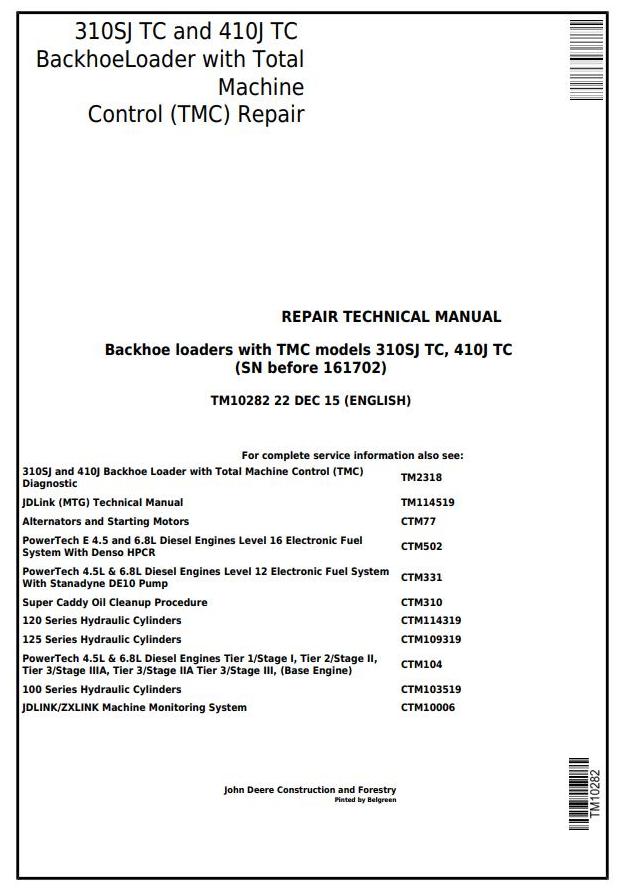 TM10282 - John Deere 310SJ TC, 410J TC Backhoe Loader w.TMC (SN. -161702) Service Repair Manual