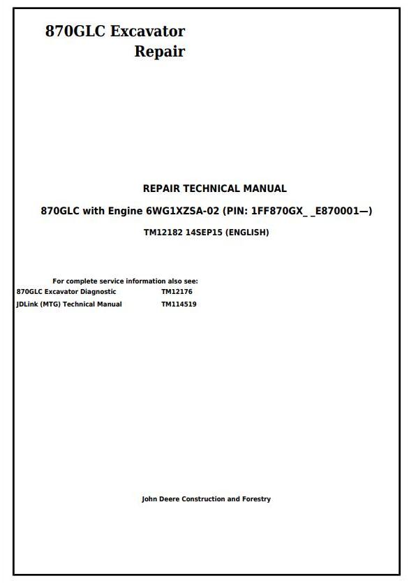 TM12182 - John Deere 870GLC Excavator with 6WG1XZSA-02 Engine Service Repair Technical Manual - 17623