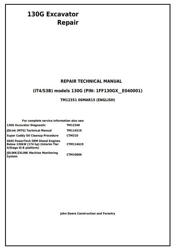 TM12351 - John Deere 130G (iT4/S3B) Excavator Service Repair Manual