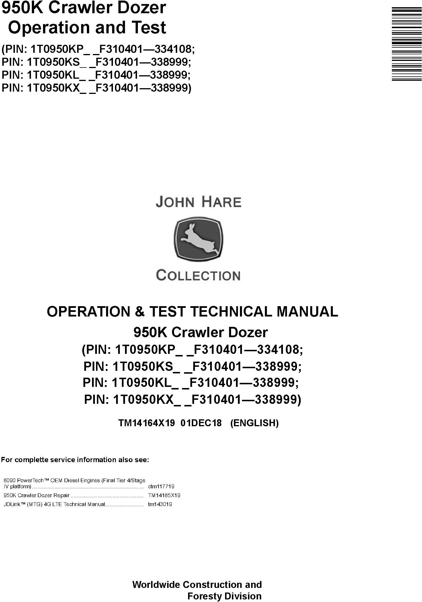 John Deere 950K (SN. F310401-338999) Crawler Dozer Operation & Test Technical Manual (TM14164X19)