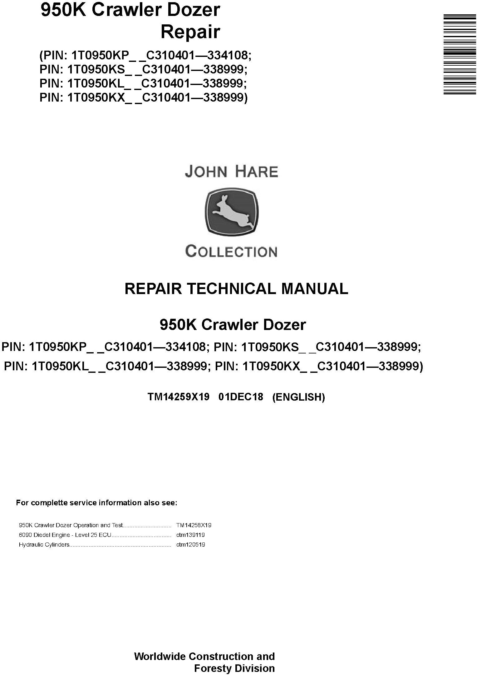 John Deere 950K (SN. C310401-338999) Crawler Dozer Repair Technical Service Manual (TM14259X19) - 19029