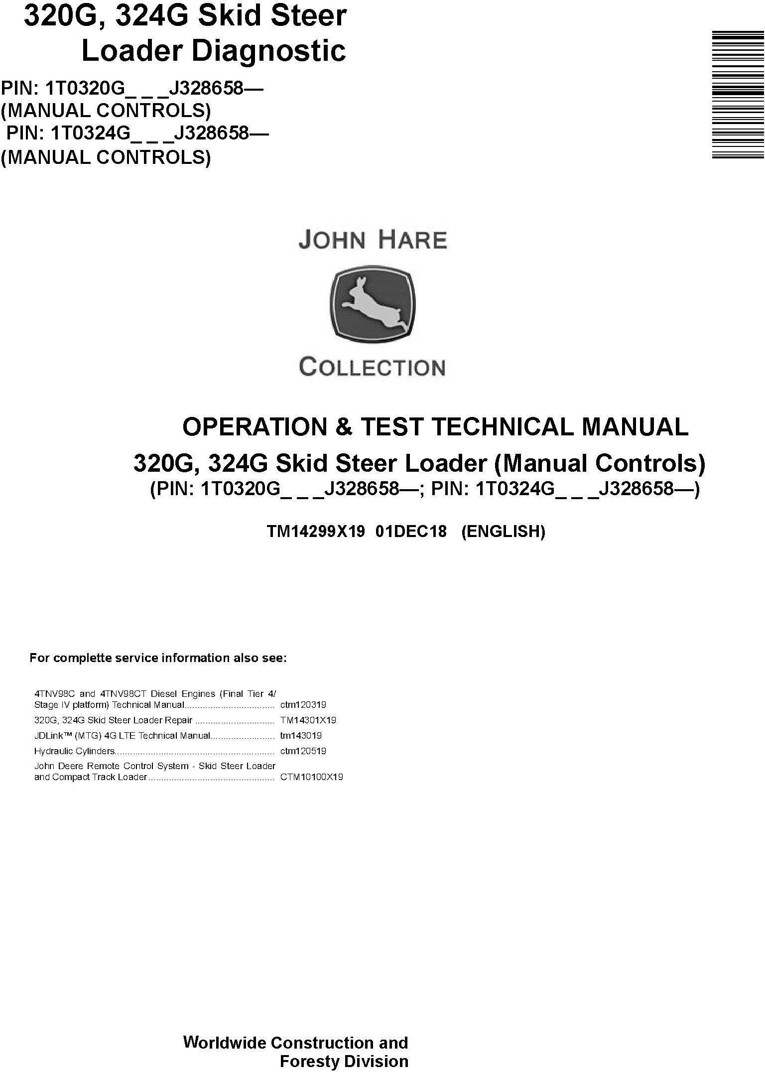 John Deere 320G, 324G Skid Steer Loader w.Manual Controls Operation & Test Service Manual (TM14299X19) - 20101