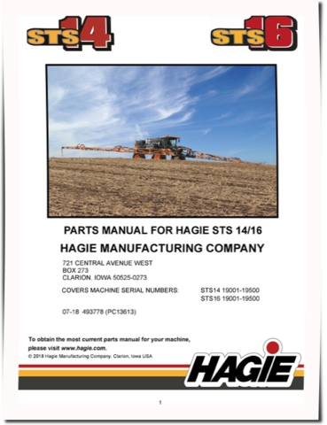 Hagie STS14  and STS16 (SN: 019001-019500) Self-Propelled Sprayers Parts Catalog (PM493778)