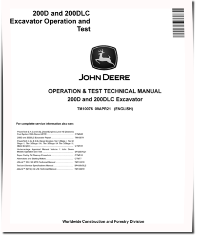 John Deere 200D and 200DLC Crawler Excavators Operation and Test Manual (TM10076)