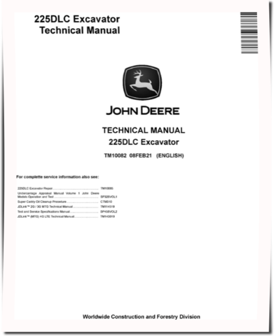 John Deere 225DLC Crawler Excavators Operation and Test Manual (TM10082)