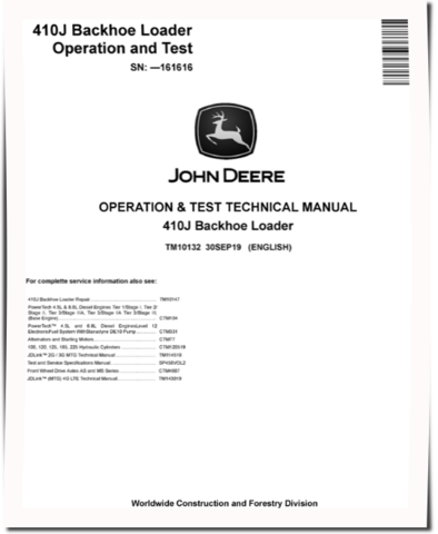 John Deere 410J (SN. before 161616) Backhoe Loaders Operation and Test Manual (TM10132)