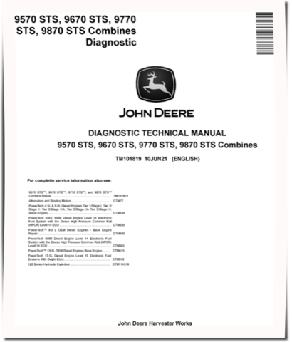 John Deere 9570 STS, 9670 STS, 9770 STS and 9870 STS Combines Diagnostic Manual (TM101819)
