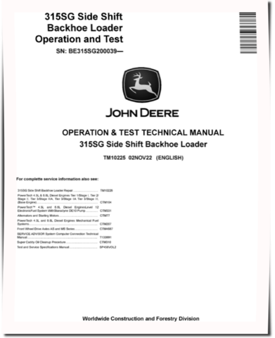 John Deere 315SG (SN. from BE315SG200039) Side Shift Backhoe Loaders Operation and Test Manual (TM10225)
