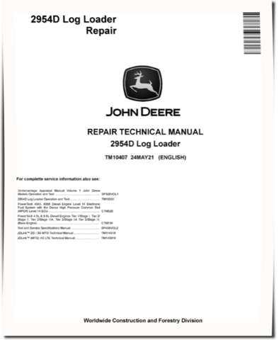 John Deere 2954D Log Loaders Repair Manual (TM10407)