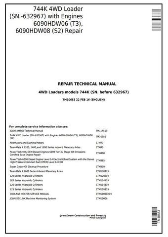 John Deere 744K (SN. before 632967) 4WD Loaders with Engines 6090HDW06 (T3), 6090HDW08 (S2) Repair Manual (TM10683)