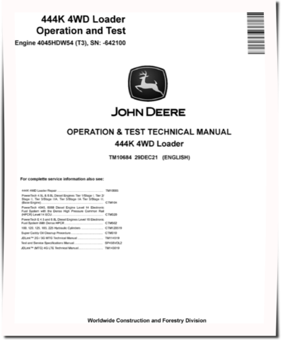 John Deere 444K (SN. before 642100) 4WD Loaders with Tier3 Engine 4045HDW54 Operation and Test Manual (TM10684)