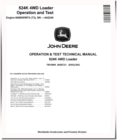 John Deere 524K (SN. before 642245) 4WD Loaders with Tier3 Engine 6068HDW74 Operation and Test Manual (TM10686)