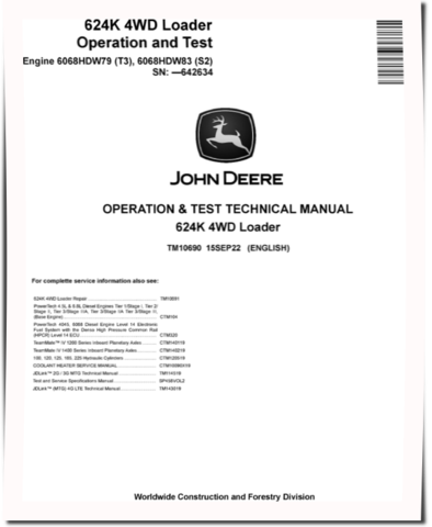 John Deere 624K (SN. before 642634) 4WD Loaders with 6068HDW79 Tier3, 6068HDW83 Stage2 Engines Operation and Test Manual (TM10690)
