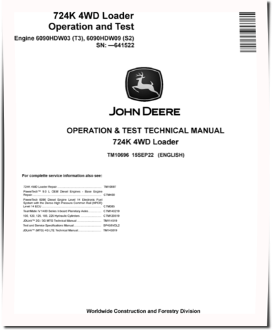 John Deere 724K (SN. before 641522) 4WD Loaders with 6090HDW03 Tier3, 6090HDW09 Stage2 Engines Operation and Test Manual (TM10696)