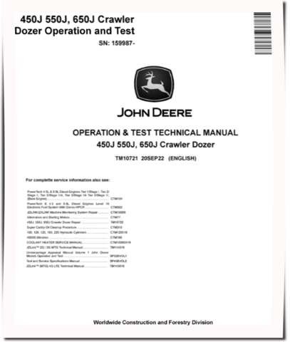 John Deere 450J, 550J and 650J Crawler Dozers (SN. from 159987) Operation and Test Manual (TM10721)