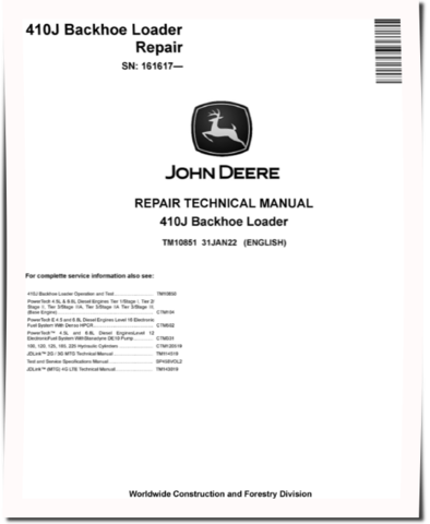 John Deere 410J (SN. from 161617) Backhoe Loaders Repair Manual (TM10851)
