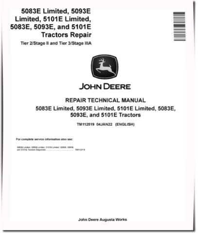 John Deere 5083E, 5083E Limited, 5093E, 5093E Limited, 5101E and 5101E Limited T2/S2 and T3/S3A Tractors Repair Manual (TM112519)