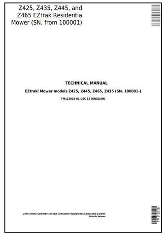 Tm113019 John Deere Z425 Z435 Z445 Z465 Eztrak Residential Mower Sn 100001 Technical Service Manual Deere Technical Manuals