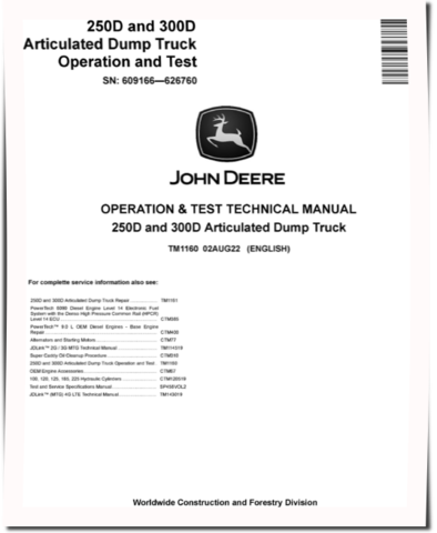 John Deere 250D and 300D Articulated Dump Trucks (SN: 609166-626760) Operation and Test Manual (TM1160)