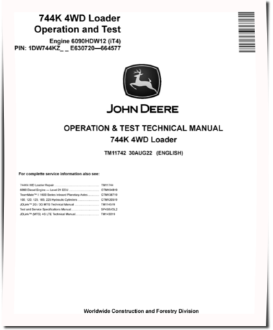 John Deere 744K (SN: E630720-664577) 4WD Loaders Operation and Test Manual (TM11742)