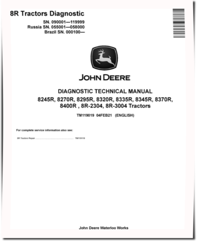 John Deere 8245R, 8270R, 8295R, 8320R, 8335R, 8345R, 8370R, 8400R, 8R-2304 and 8R-3004 Tractors Diagnostic Manual (TM119019)