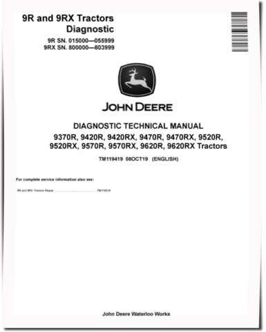 John Deere 9370R, 9420R, 9470R, 9520R, 9570R, 9620R Articulated Tractors, 9420RX, 9470RX, 9520RX, 9570RX and 9620RX Articulated Tracked Tractors Diagnostic Manual (TM119419)