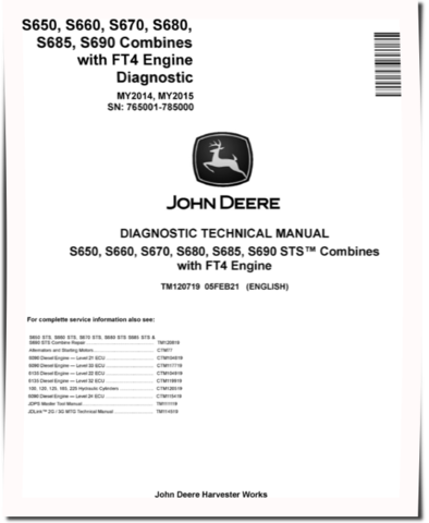 John Deere S650, S660, S670, S680, S685 and S690 MY2014-MY2015 Combines (SN: 765001-785000) Diagnostic Manual (TM120719)