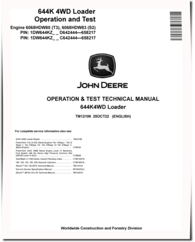 John Deere 644K (SN: 642444-658217) 4WD Loaders w.Engine 6068HDW80 (T3), 6068HDW83 (S2) Operation and Test Manual (TM12106)