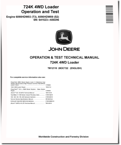 John Deere 724K (SN: 641523-658296) 4WD Loaders w. Engine 6090HDW03 (T3), 6090HDW09 (S2) Operation and Test Manual (TM12110)
