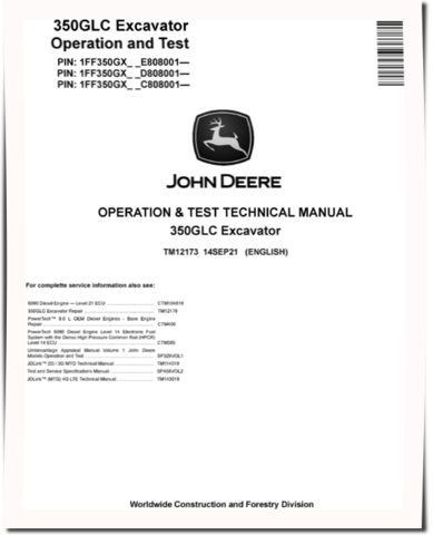 John Deere 350GLC Crawler Excavators (SN. from 808001) Operation and Test Manual (TM12173)