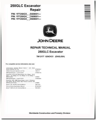 John Deere 250GLC Crawler Excavators (SN. from 608001) Repair Manual (TM12177)