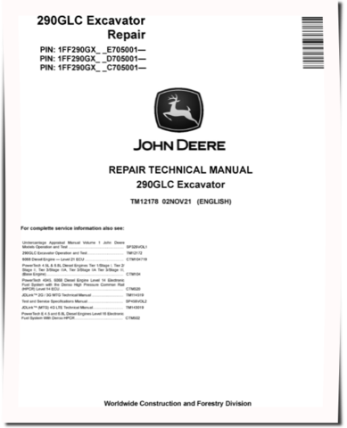 John Deere 290GLC Crawler Excavators (SN. from 705001) Repair Manual (TM12178)