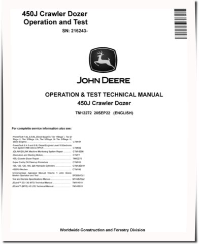 John Deere 450J (SN. from 216243) Crawler Dozers Operation and Test Manual (TM12272)