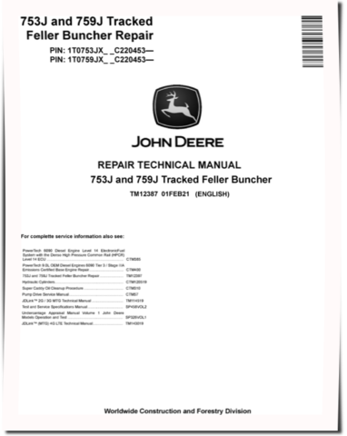 John Deere 753J and 759J Tracked Feller Bunchers (SN. from C220453) Repair Manual (TM12387)