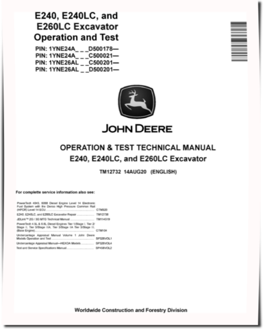 John Deere E240, E240LC and E260LC Crawler Excavators (SN. from C500021, D500178) Operation and Test Manual (TM12732)