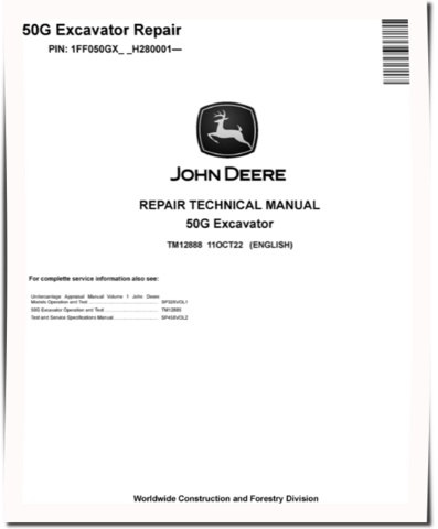John Deere 50G (SN. from H280001) Compact Excavators Repair Manual (TM12888)