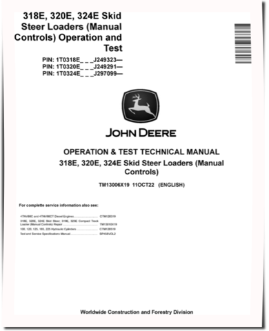 John Deere 318E, 320E and 324E Skid Steer Loaders with Manual Controls (SN. from J249291) Operation and Test Manual (TM13006X19)