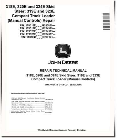 John Deere 319E, 323E Compact Track Loaders, 318E, 320E and 324E Skid Steer Loaders with Manual Controls (SN. from G253889) Repair Manual (TM13012X19)